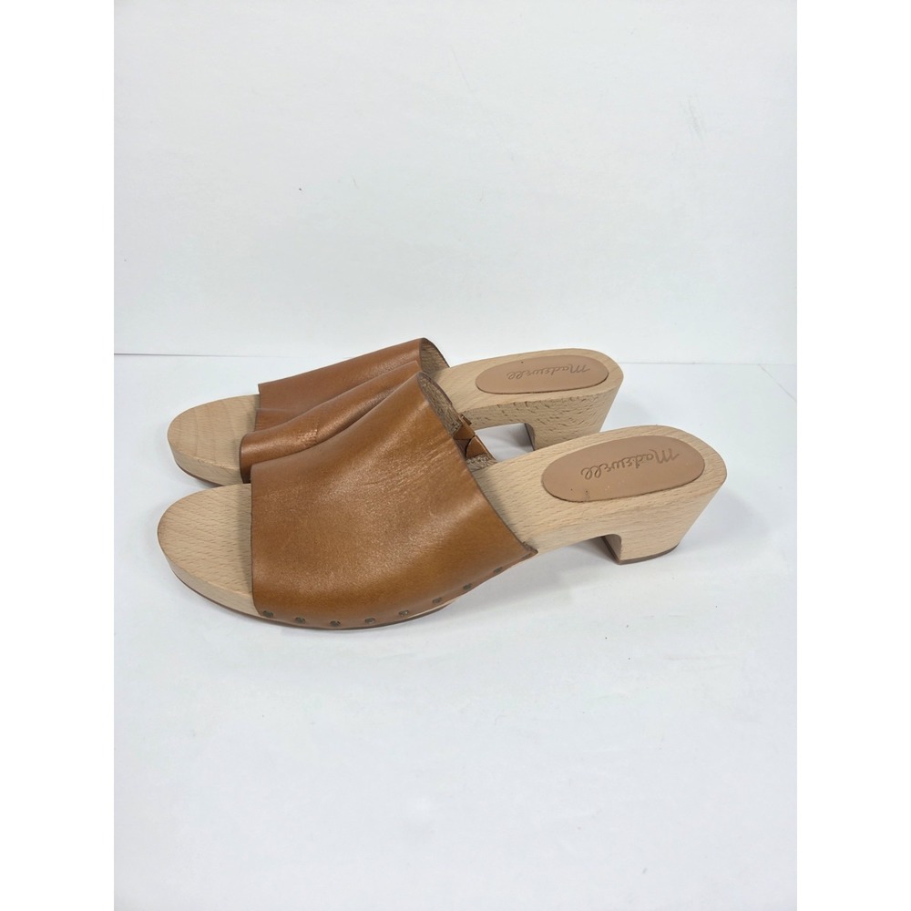Madewell The Evelyn Slide Comfort Tan Leather Clogs Women 9.5  Wooden Heel